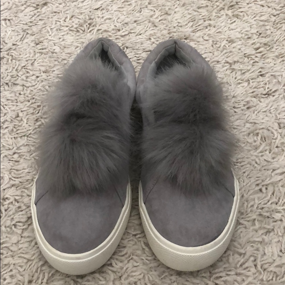 Grey furry slip ons